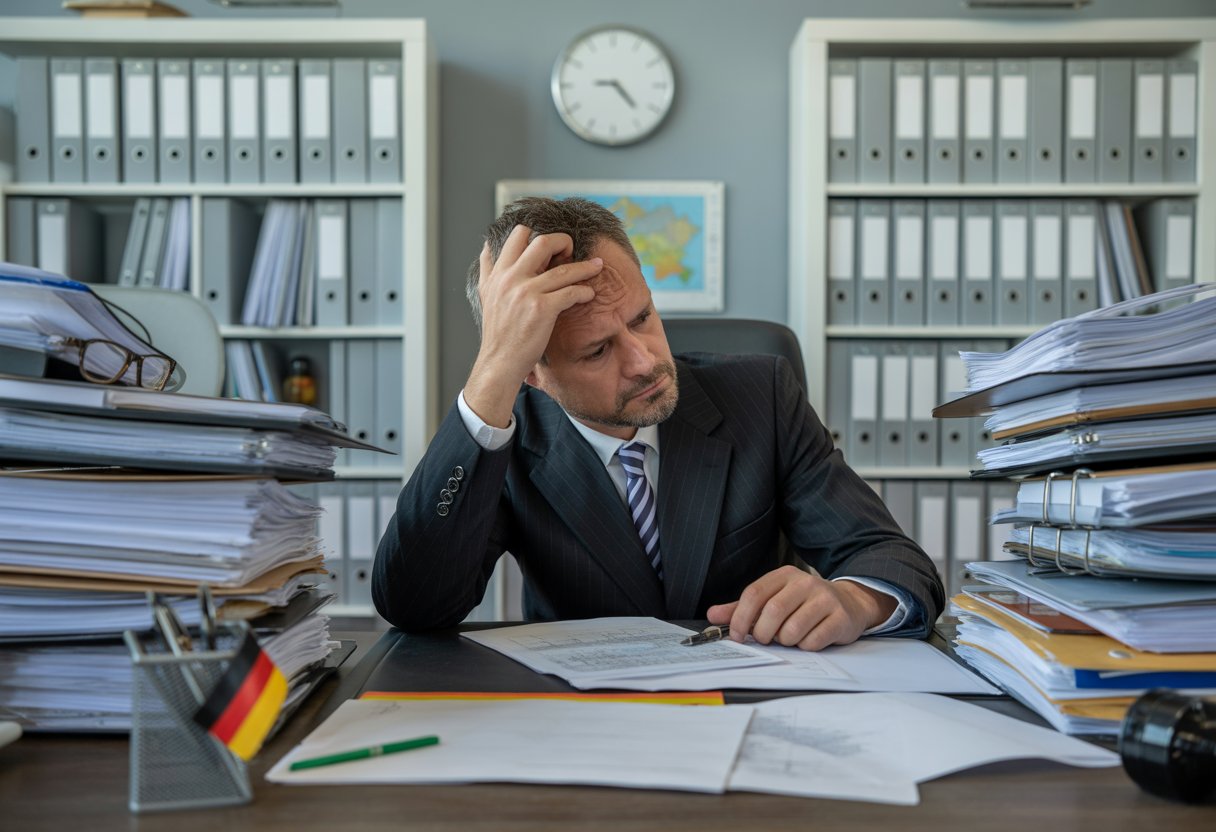 Ein gestresster Geschäftsmann sitzt an einem Schreibtisch voller Akten und Dokumente in einem Büro.