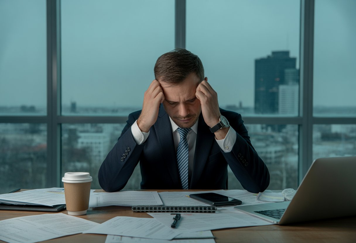 Ein gestresster Mann in Büroklamotten sitzt an einem Schreibtisch und hält sich den Kopf, im Hintergrund ist eine Stadtansicht zu sehen.