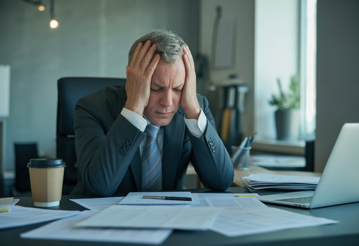 Ein gestresster Büroangestellter sitzt mit geschlossenen Augen und hält den Kopf in den Händen an einem überfüllten Schreibtisch in einem modernen Büro.