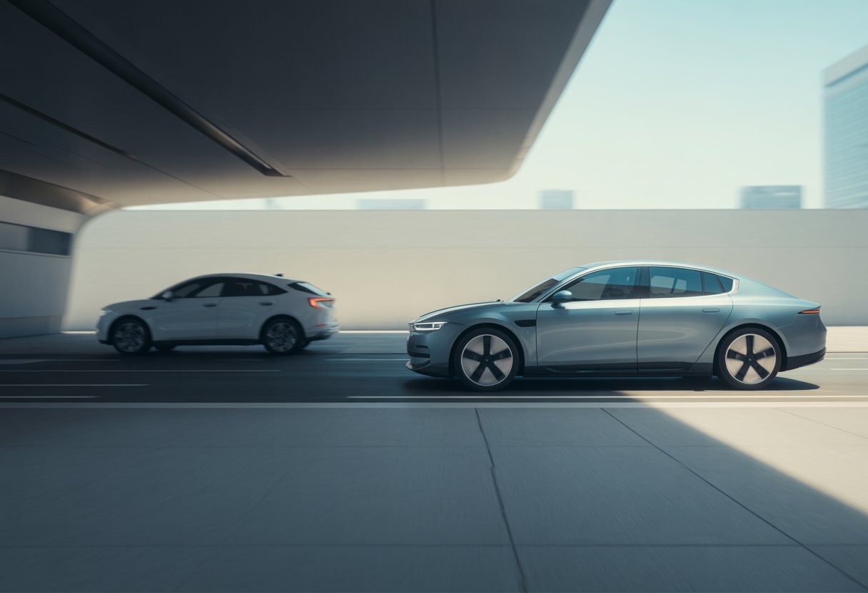 Eine moderne deutsche Straße mit einem Elektroauto im Vordergrund und einem älteren Auto im Hintergrund, die den Wandel in der Autoindustrie zeigen.