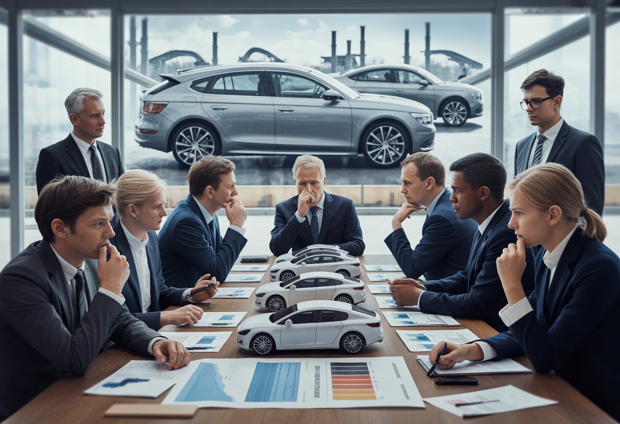 Geschäftsleute und Ingenieure in einem Konferenzraum diskutieren besorgt über die Zukunft der deutschen Autoindustrie mit Modellen von Autos und Diagrammen auf dem Tisch.