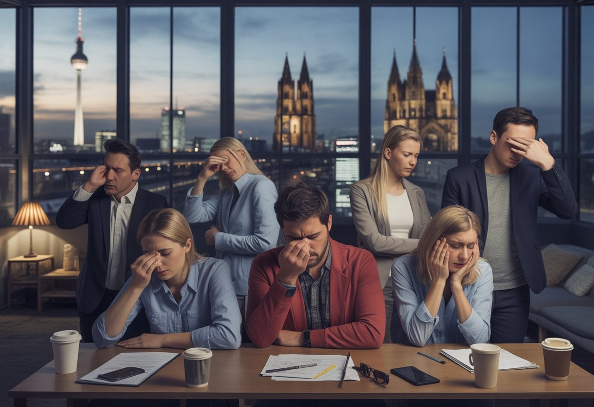 Mehrere müde aussehende Menschen in einer deutschen Stadt, die sich erschöpft fühlen und versuchen wach zu bleiben.