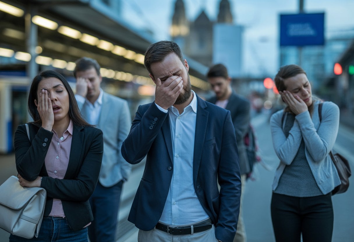 Müde Menschen in einer deutschen Stadt am frühen Morgen, die erschöpft auf den Zug warten oder zur Arbeit gehen.
