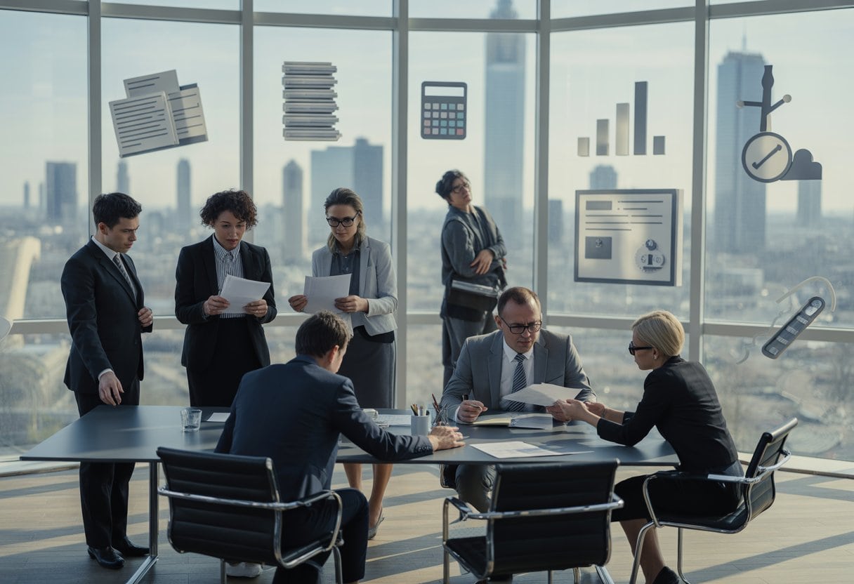 Geschäftsleute diskutieren ernsthaft in einem modernen Büro mit Blick auf eine deutsche Stadt, umgeben von Dokumenten und Symbolen für Kosten und Regulierung.