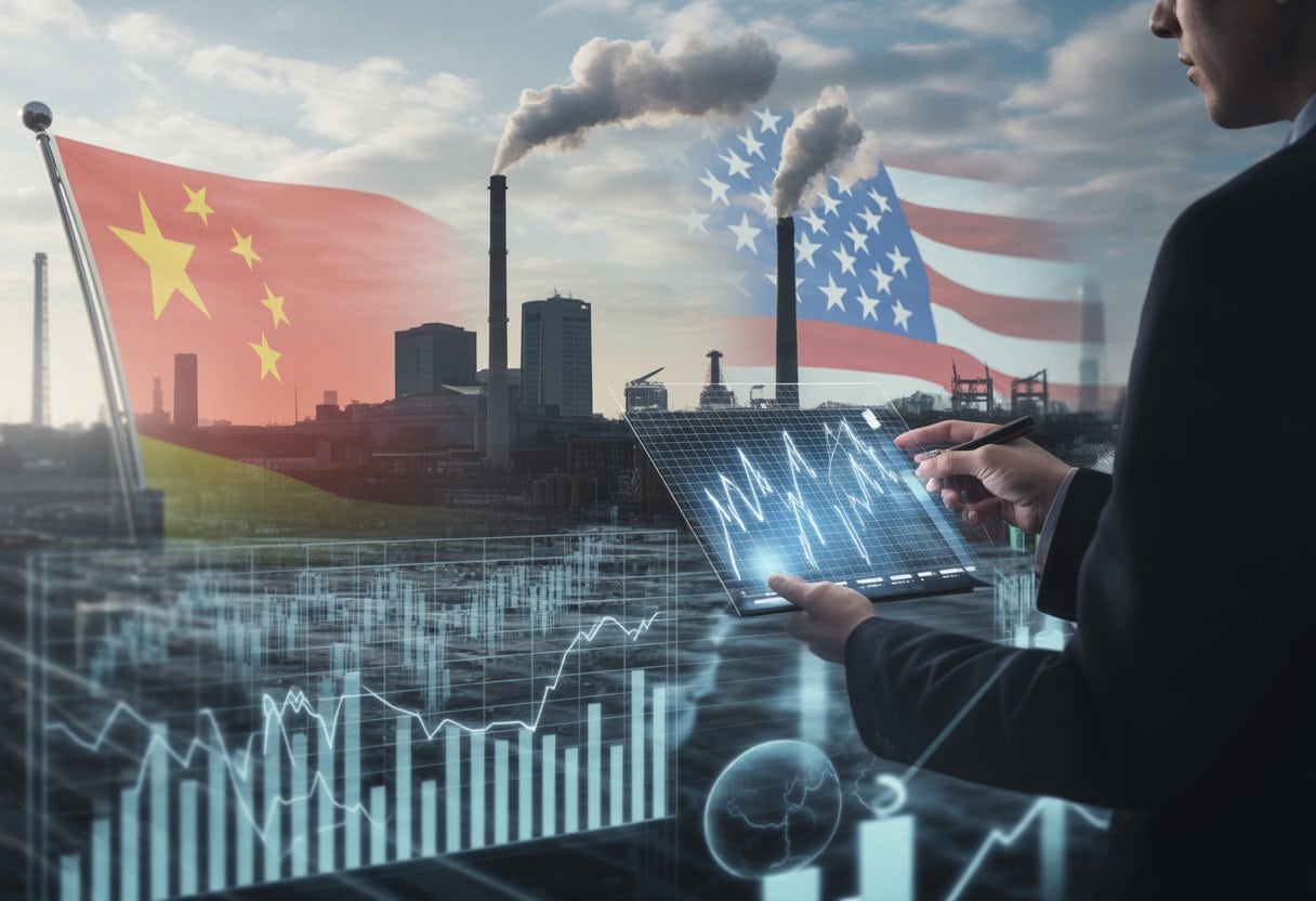 Ein Geschäftsmann vor einer deutschen Industriestadt mit digitalen Diagrammen, die Handel und Energiepreise zeigen.