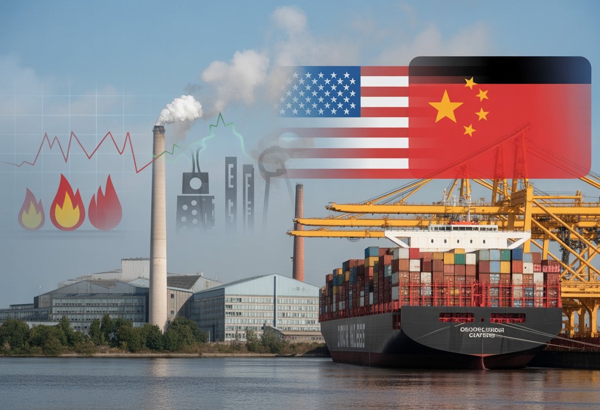 Eine deutsche Fabrik mit einem Frachtschiff im Hafen, im Hintergrund Symbole für Handelsspannungen und Energiekrise.