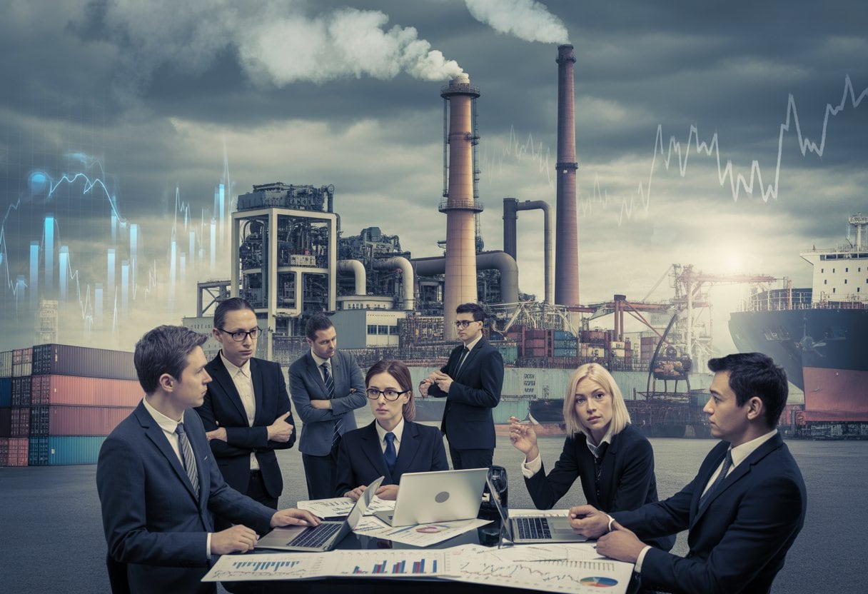 Eine Gruppe von Geschäftsleuten diskutiert ernst in einer Industrieanlage unter einem bewölkten Himmel mit Fabrikhallen und rauchenden Schornsteinen im Hintergrund.