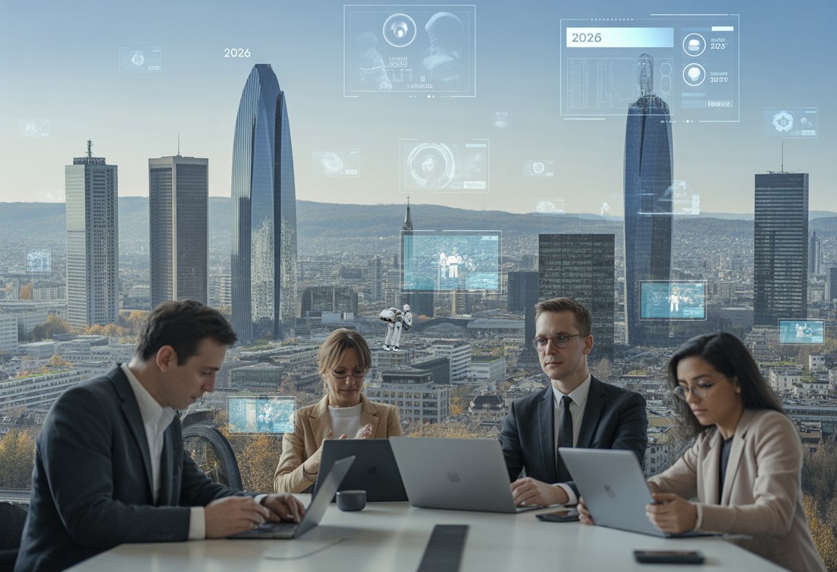 Blick auf die moderne Stadt Zürich mit futuristischen Gebäuden und Menschen, die in einem technologischen Umfeld zusammenarbeiten.