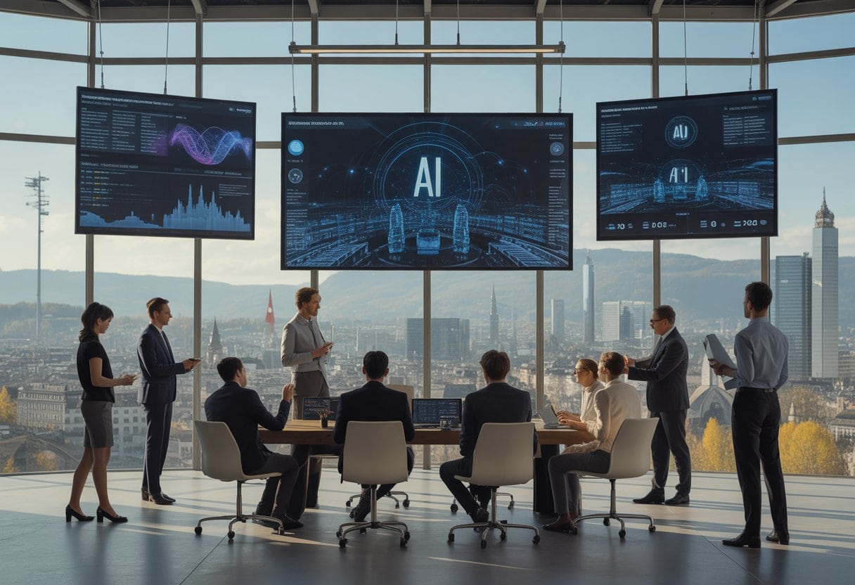Eine Gruppe von Fachleuten arbeitet gemeinsam in einem modernen Büro mit Blick auf die Stadt Zürich und fortschrittliche Technologieinfrastruktur.