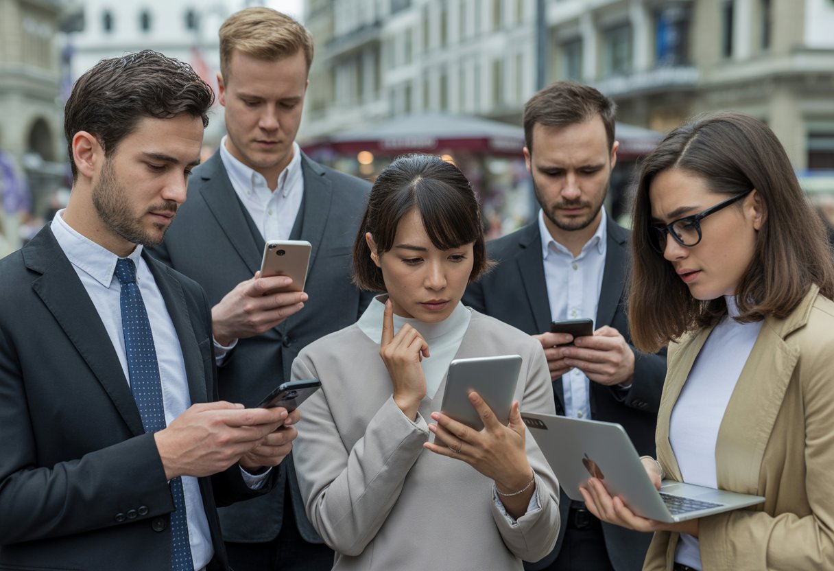 Menschen verschiedener Altersgruppen nutzen digitale Geräte in einem öffentlichen Schweizer Raum und wirken nachdenklich beim Lesen von Nachrichten.