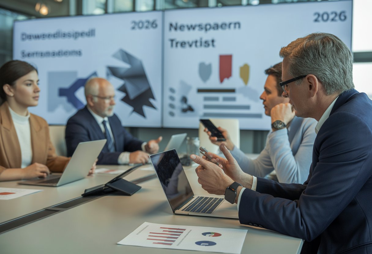 Menschen in einem modernen Büro diskutieren über Medien und schauen auf Laptops und Tablets mit Diagrammen im Hintergrund.