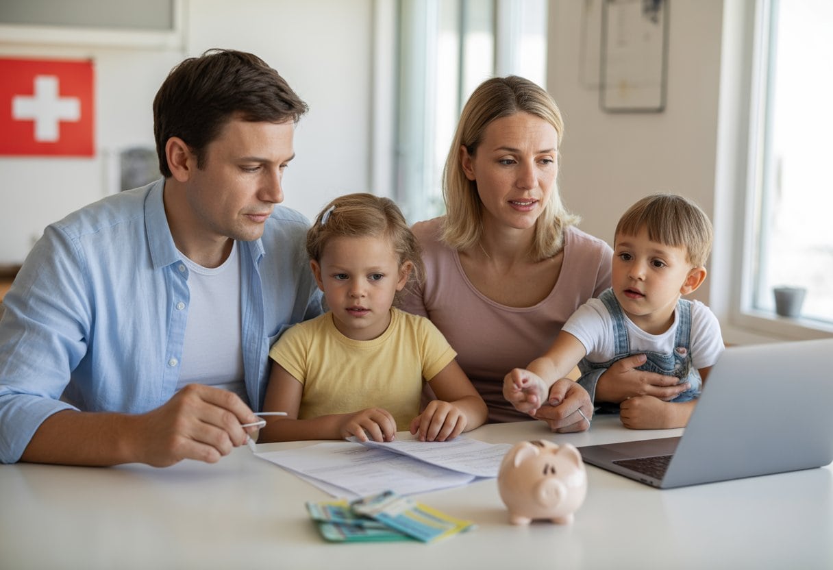 Eine Schweizer Familie mit zwei Kindern sitzt am Küchentisch und bespricht finanzielle Unterlagen, im Hintergrund ist eine Schweizer Flagge zu sehen.