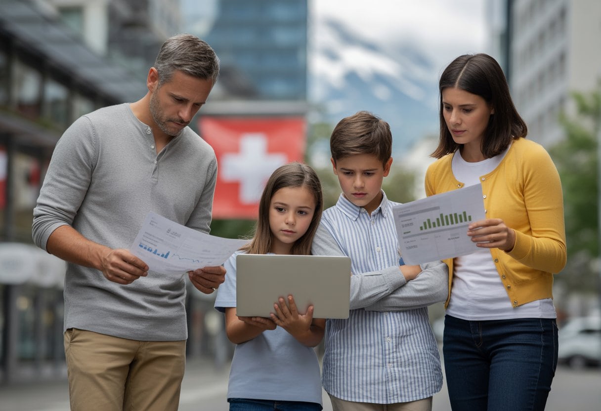 Eine Schweizer Mittelstandsfamilie steht gemeinsam draußen in der Stadt und betrachtet nachdenklich Dokumente oder einen Laptop.