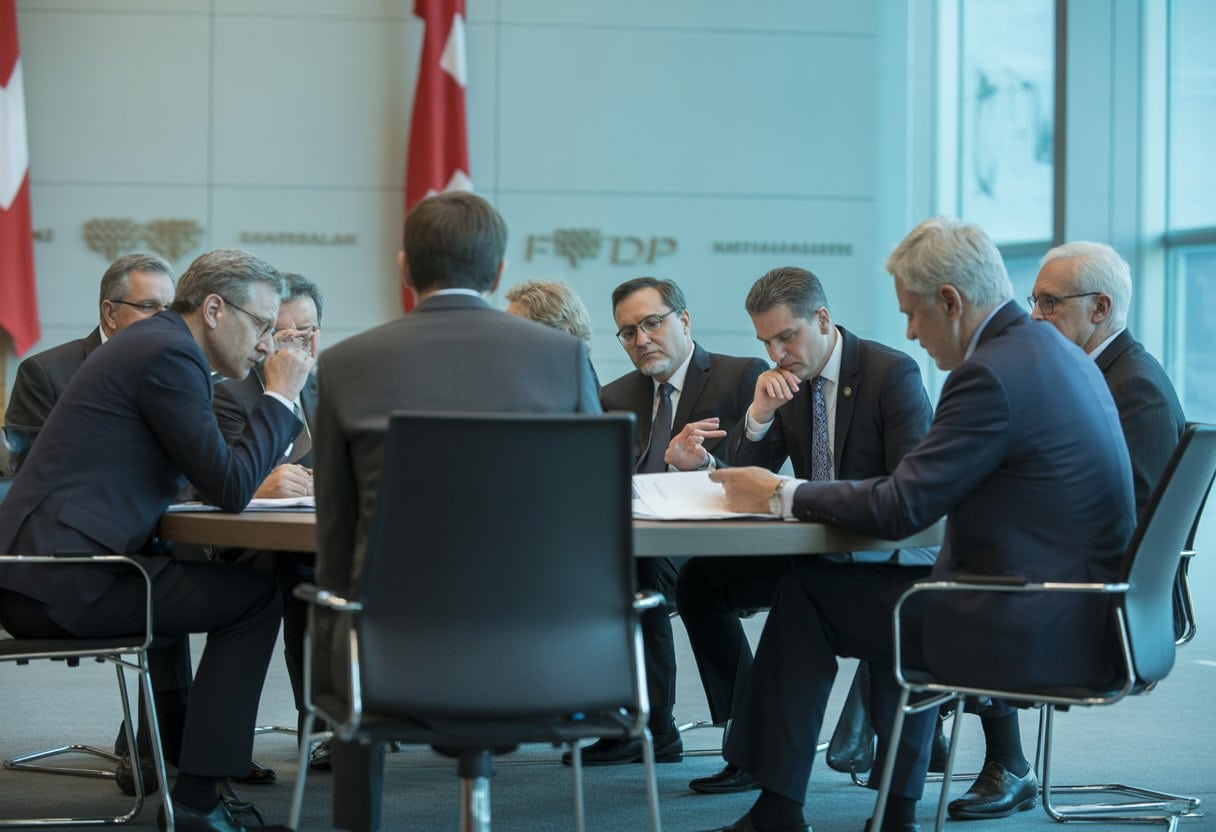 Eine Gruppe von Politikern sitzt ernsthaft um einen Konferenztisch in einem modernen Regierungsgebäude und diskutiert.