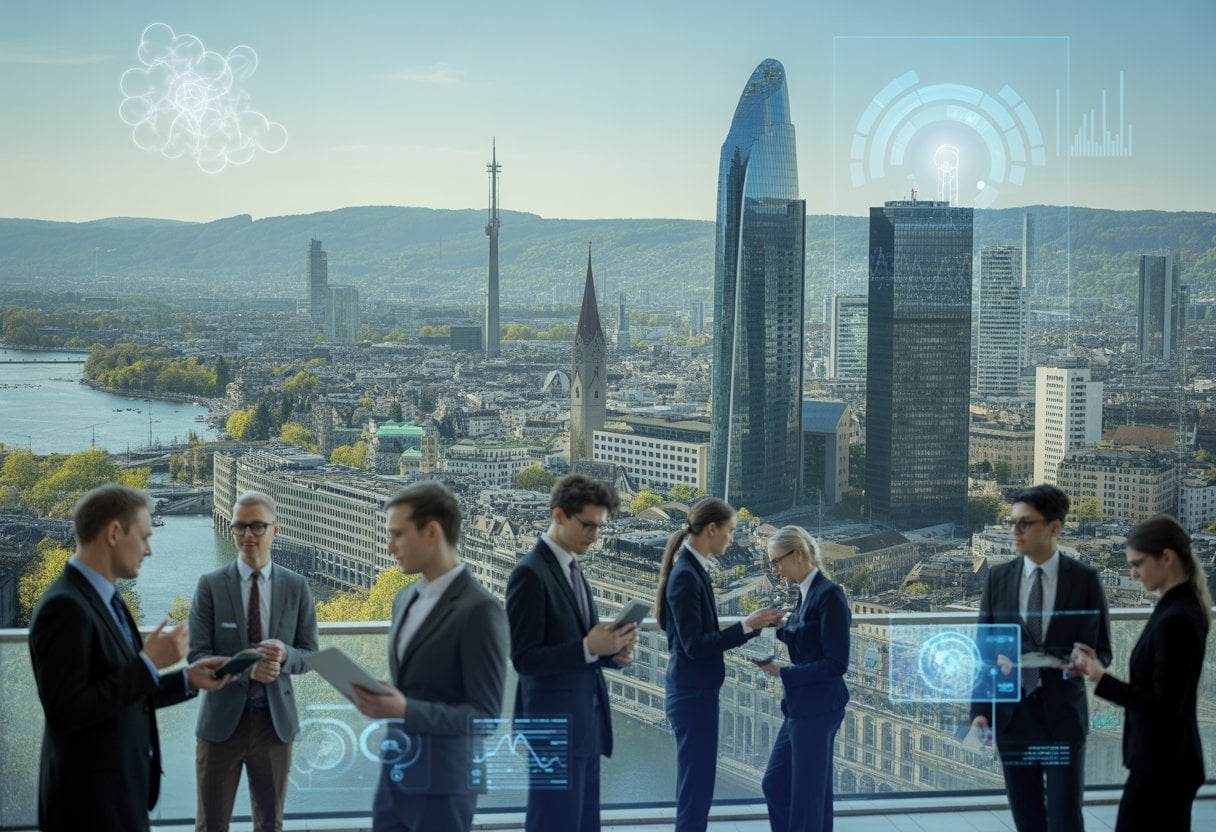 Blick auf die moderne Skyline von Zürich mit Geschäftsleuten, die digitale Geräte nutzen, und futuristischen Technologieelementen im Stadtbild.