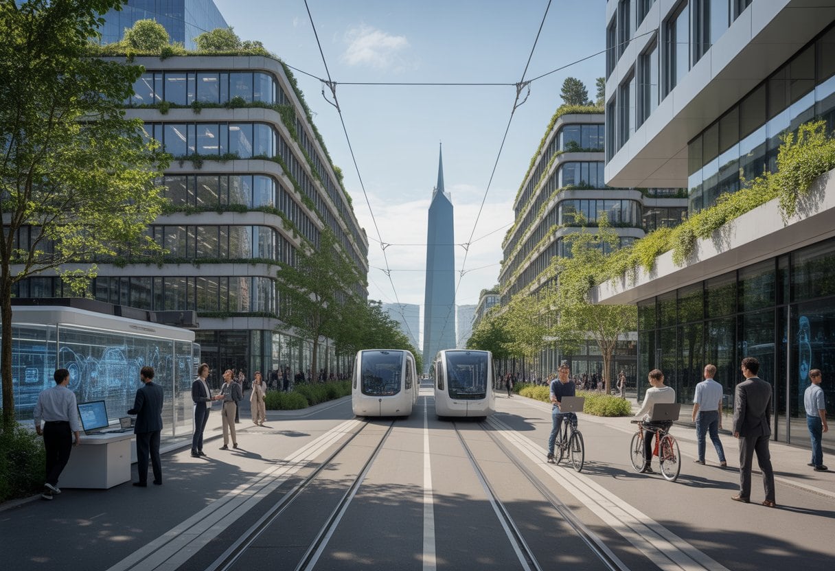 Menschen arbeiten gemeinsam in einem modernen Stadtviertel von Zürich mit Bürogebäuden, grünen Dächern und Technologie im Hintergrund.