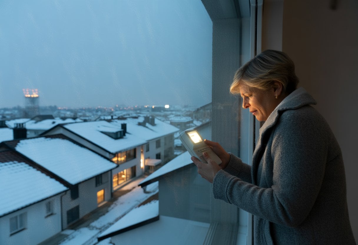 Eine winterliche Schweizer Stadt mit schneebedeckten Häusern und eine besorgte Person, die drinnen einen Stromzähler betrachtet.