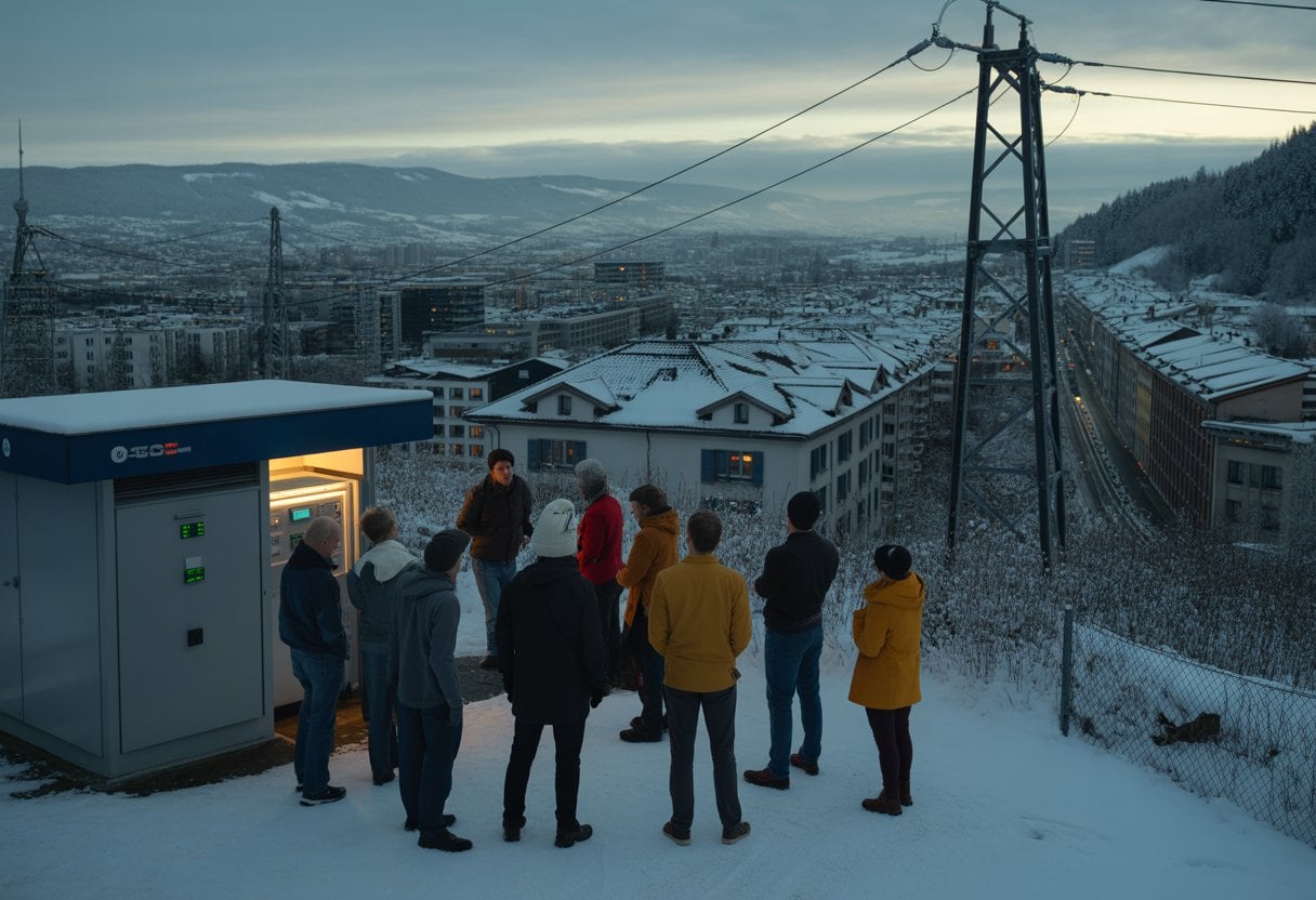 Winterliche Schweizer Stadt mit Menschen vor einem Stromnetz-Kontrollzentrum, die besorgt auf die Stromversorgung blicken.
