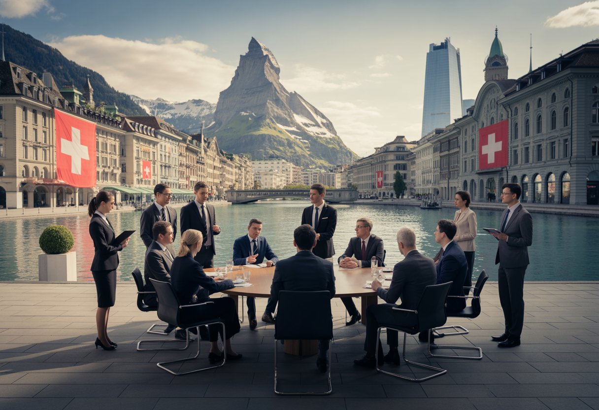 Eine Gruppe von Geschäftsleuten diskutiert im Freien vor einer Schweizer Stadt mit Bergen im Hintergrund.