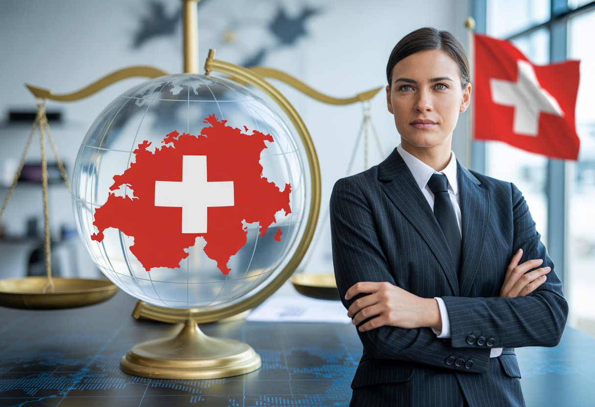 Ein Schweizer Diplomat in einem modernen Büro steht neben einem Globus, der die Schweiz zeigt, mit Symbolen für Recht und Diplomatie im Hintergrund.