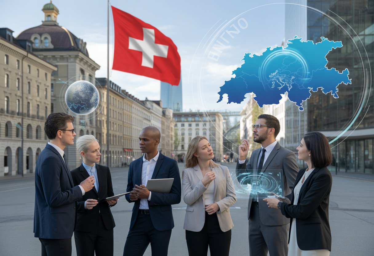 Geschäftsleute diskutieren draußen vor Schweizer Gebäuden mit digitalen Karten im Hintergrund, die die Schweiz hervorheben.