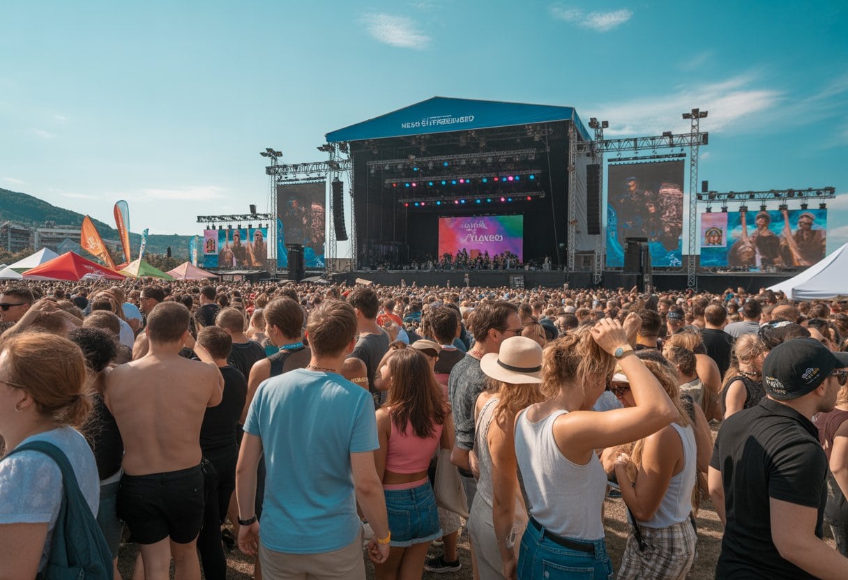 Menschenmenge bei einem Open-Air-Sommerfestival in der Schweiz, die bei sonnigem Wetter Musik und Atmosphäre genießen.