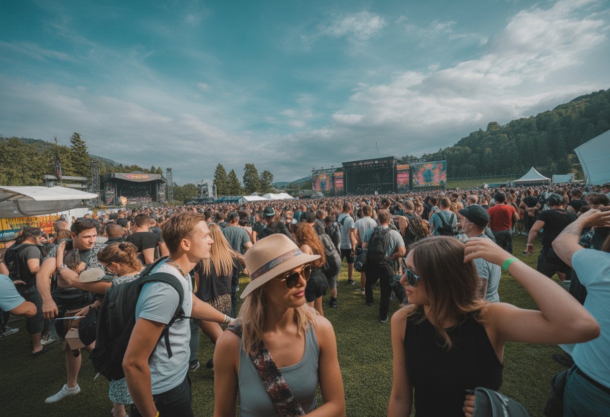 Große Menschenmenge auf einem Open-Air-Sommerfestival in der Schweiz, mit Bühnen, Essensständen und Bergen im Hintergrund.