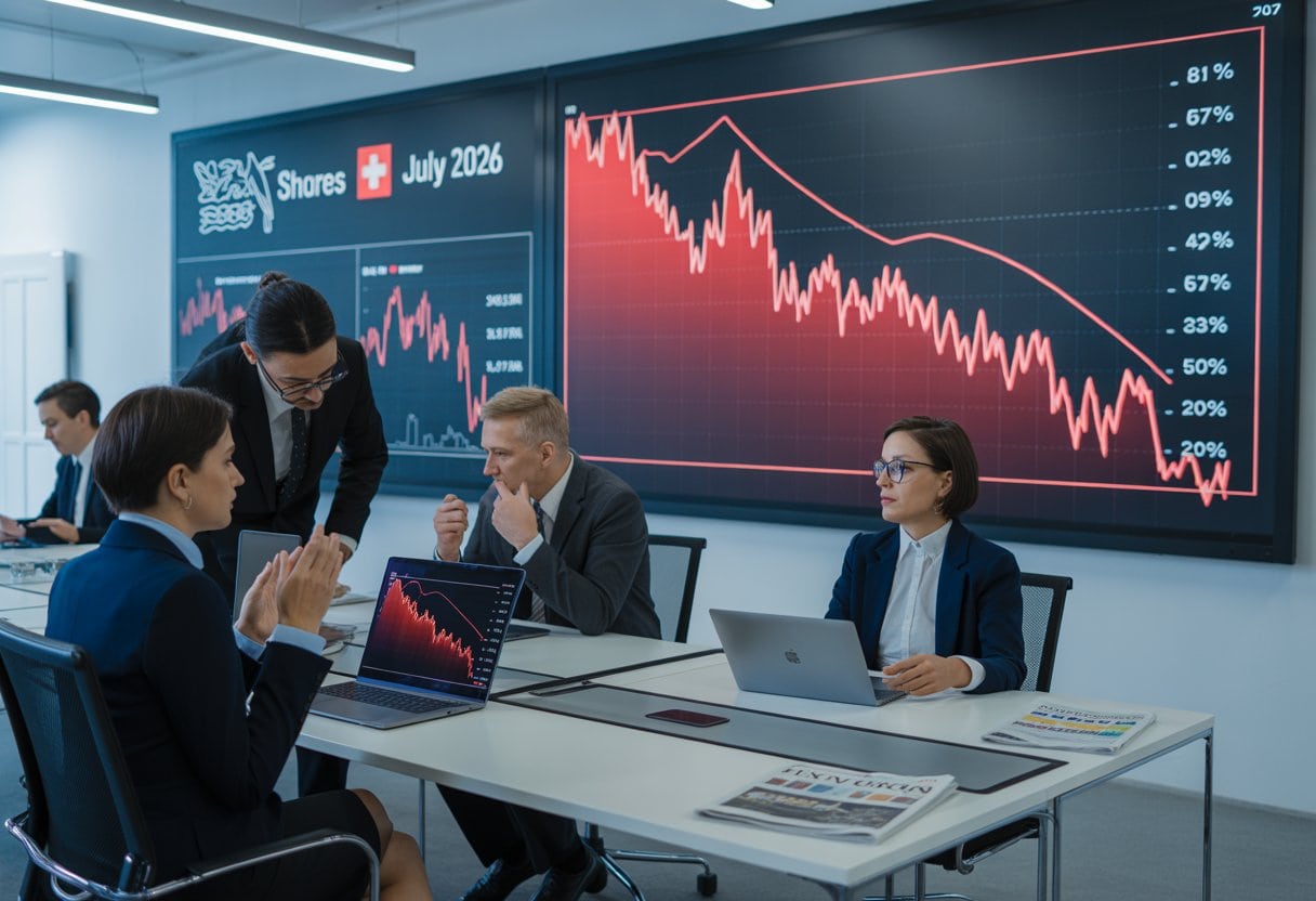 Geschäftsleute in einem modernen Büro analysieren sinkende Aktienkurse auf großen Bildschirmen.