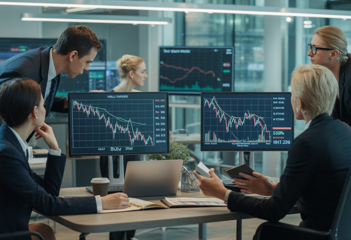 Geschäftsleute in einem modernen Büro analysieren Finanzdaten auf Bildschirmen mit fallenden Aktienkursen.
