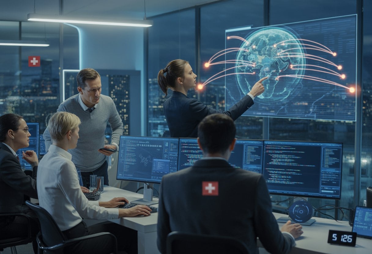 Cybersecurity-Experten arbeiten konzentriert an Computern mit digitalen Anzeigen in einem modernen Büro, das eine internationale Hackerattacke symbolisiert.