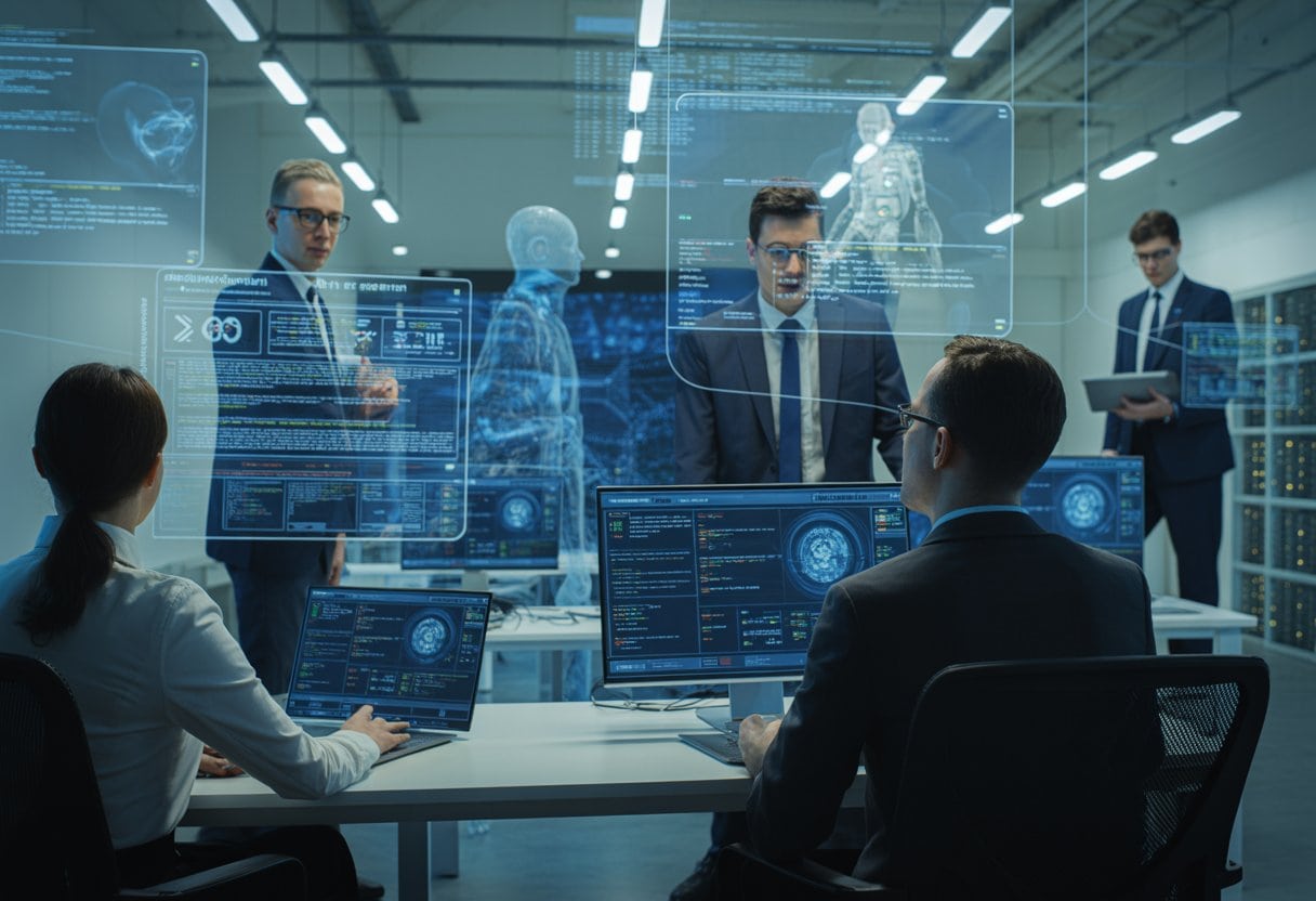 Ein Team von Fachleuten arbeitet konzentriert in einem modernen Büro mit digitalen Bildschirmen, die Cyberangriffe und Daten zeigen.