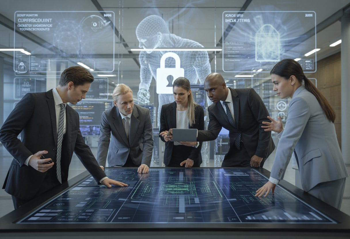 Geschäftsleute in einem modernen Büro arbeiten konzentriert an einem digitalen Tisch mit Daten und Cybersecurity-Visualisierungen im Hintergrund.