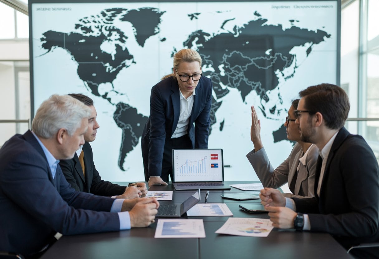 Geschäftsleute diskutieren in einem modernen Büro über internationale Handelsfragen mit einer Weltkarte im Hintergrund.