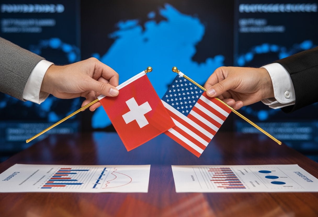 Zwei Hände tauschen kleine Schweizer und amerikanische Flaggen über einem Tisch mit Dokumenten und einer Karte im Hintergrund aus.