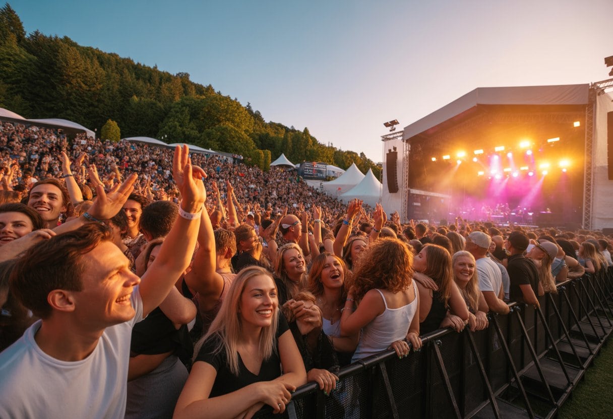 Eine große Menschenmenge bei einem Open-Air-Konzert des Paléo Festivals Nyon 2026, die bei Sonnenuntergang tanzt und die Musik genießt.