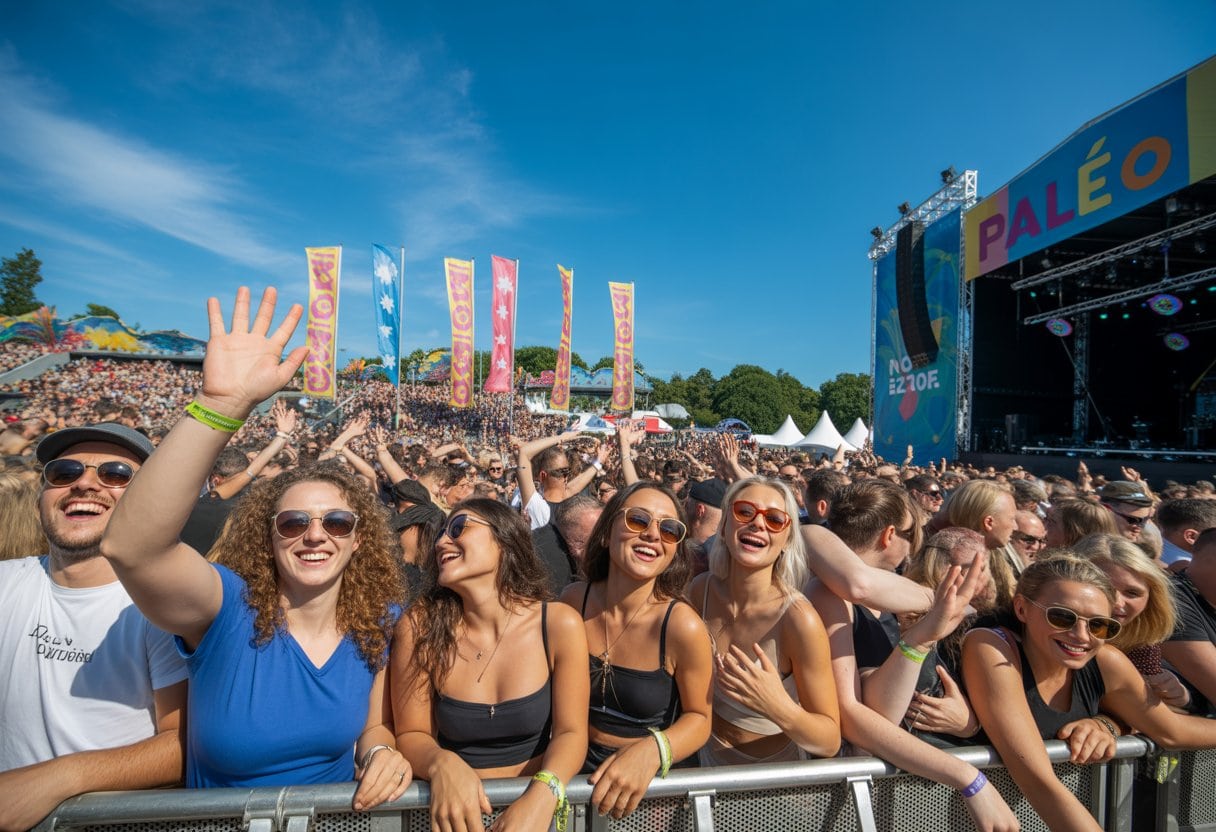 Menschenmenge bei einem Open-Air-Musikfestival, die fröhlich tanzt und die Live-Bühne genießt.