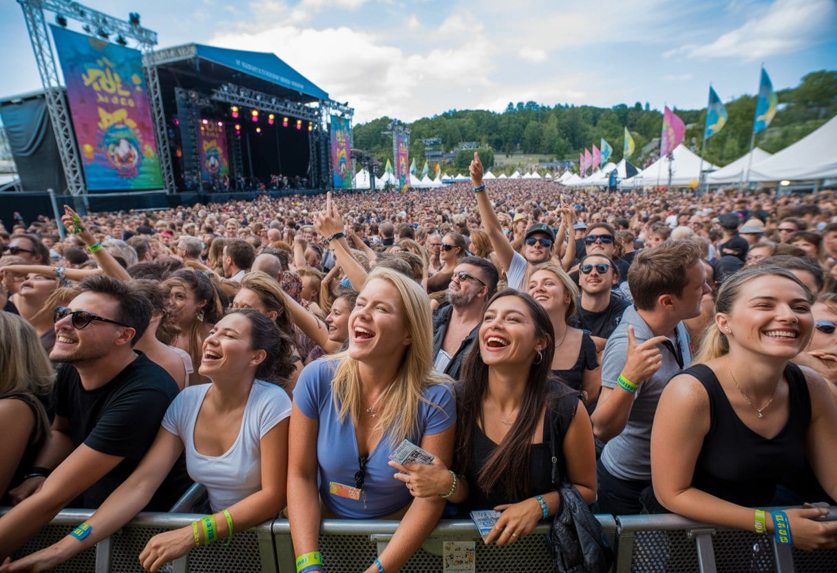 Menschenmenge bei einem Musikfestival im Freien vor einer Bühne mit bunten Lichtern und Festivaldekorationen.