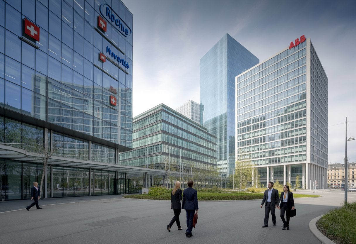Moderne Bürogebäude von vier großen Schweizer Unternehmen mit Geschäftsleuten im urbanen Umfeld.