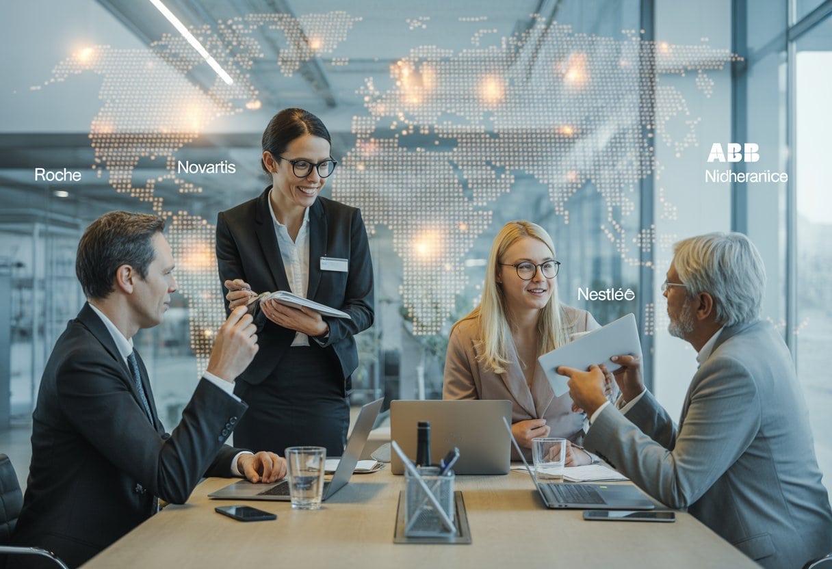 Vier Geschäftspersonen arbeiten gemeinsam in einem modernen Büro vor einer Weltkarte mit markierten globalen Standorten.