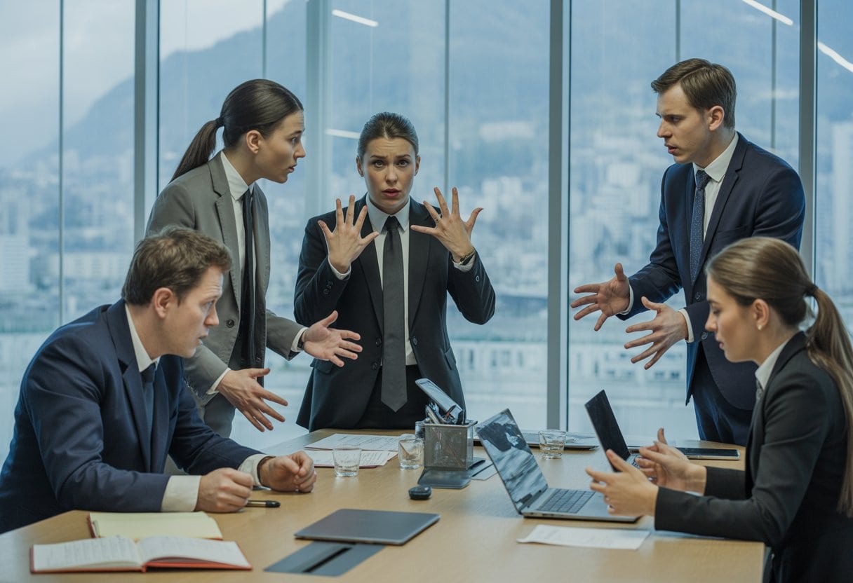 Eine Gruppe von Büroangestellten diskutiert angespannt an einem Konferenztisch in einem modernen Büro mit Blick auf eine Schweizer Stadt.