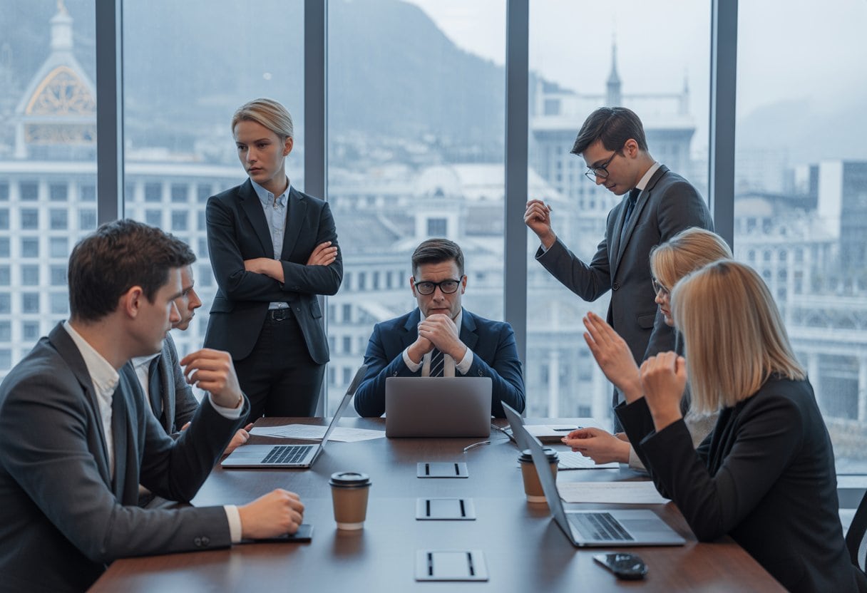 Mehrere Mitarbeitende in einem modernen Büro in der Schweiz diskutieren angespannt bei einer Besprechung.