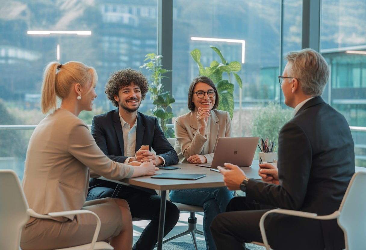 Eine Führungskraft führt in einem modernen Büro ein wertschätzendes Gespräch mit mehreren qualifizierten Bewerbenden.