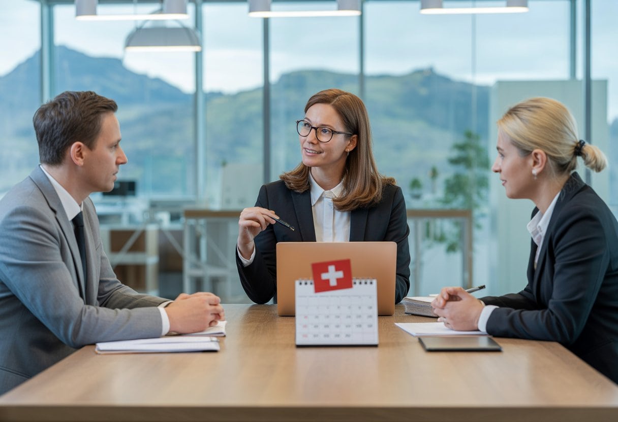 Eine Führungskraft bespricht arbeitsrechtliche Unterlagen mit Mitarbeitenden in einem modernen Schweizer Büro.