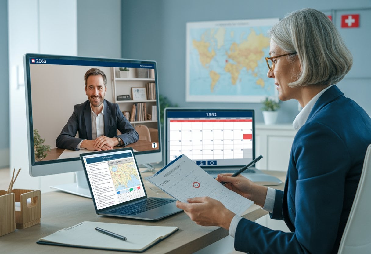 Eine Führungskraft arbeitet im Homeoffice an Unterlagen und bespricht sich per Video mit einer französischen Grenzgängerin.