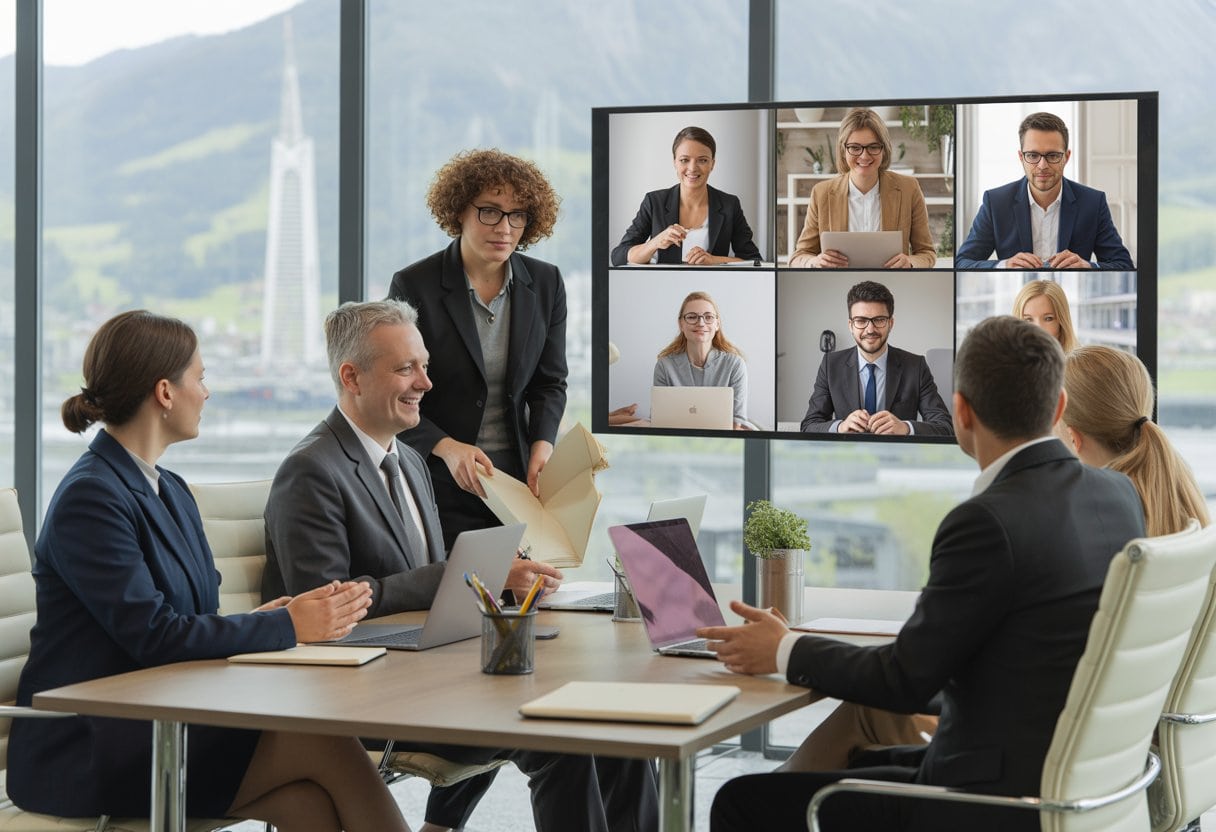 Ein Schweizer Arbeitsteam bespricht ein hybrides Arbeitsmodell im Büro, während weitere Kolleginnen und Kollegen per Videokonferenz zugeschaltet sind.